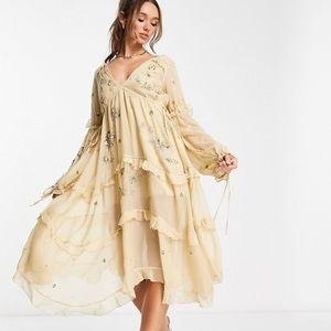 ASOS DESIGN a-line midi dress with cluster embellishment in gold in size 12